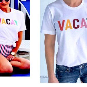 NWOT Multi-Color VACAY Womens White Crew Neck Short Sleeve 100% Cotton T…